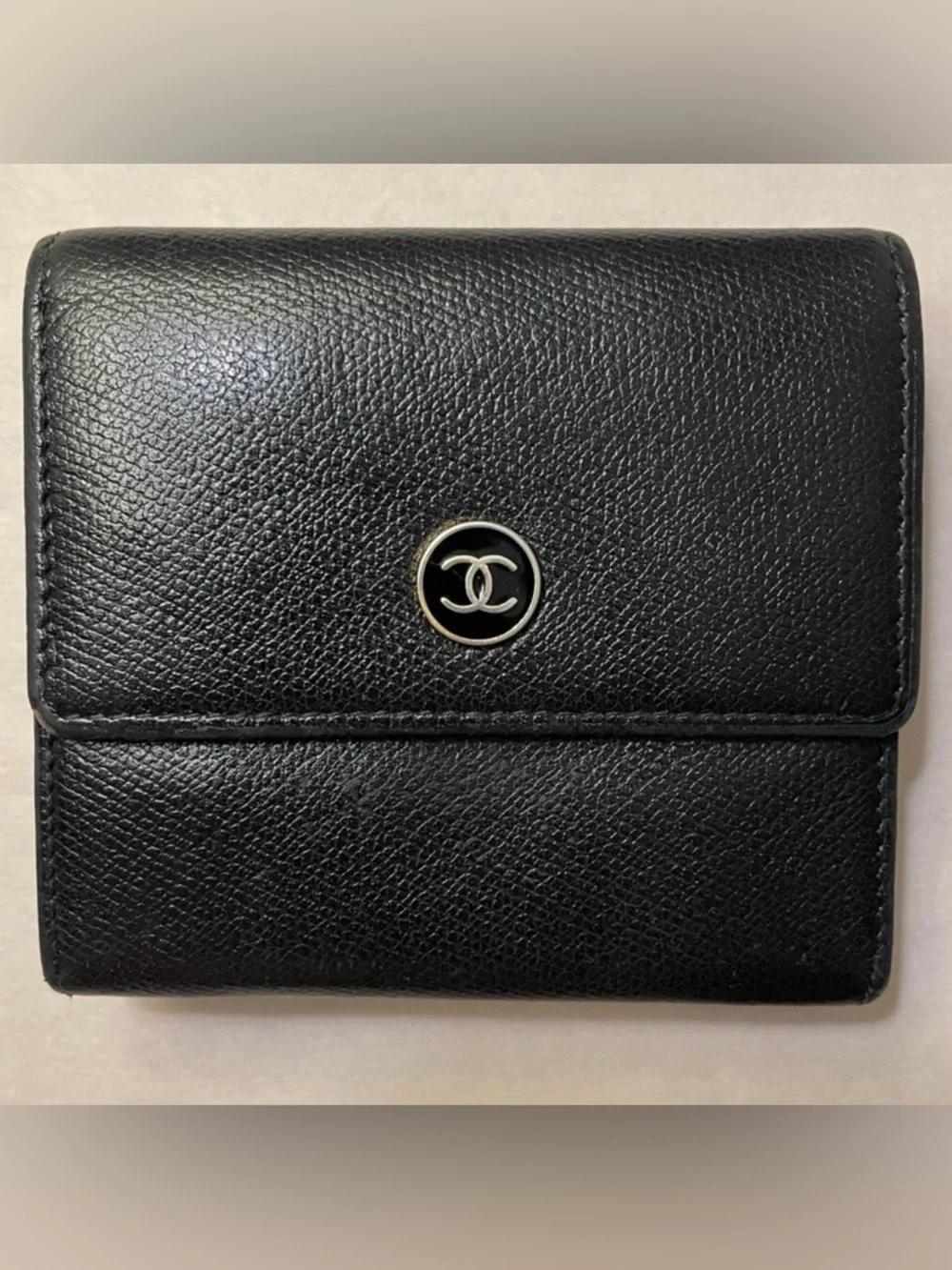 CHANEL COCO Button W Hook Wallet Black Leather Trifold